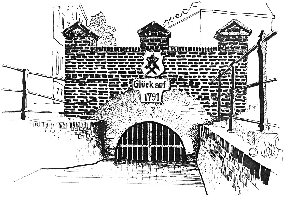 Nie istniejący już wylot Głównej Kluczowej Sztolni Dziedzicznej w Zabrzu, rys. Edward Wieczorek KG22 DRUGA ANGLIA GKSD