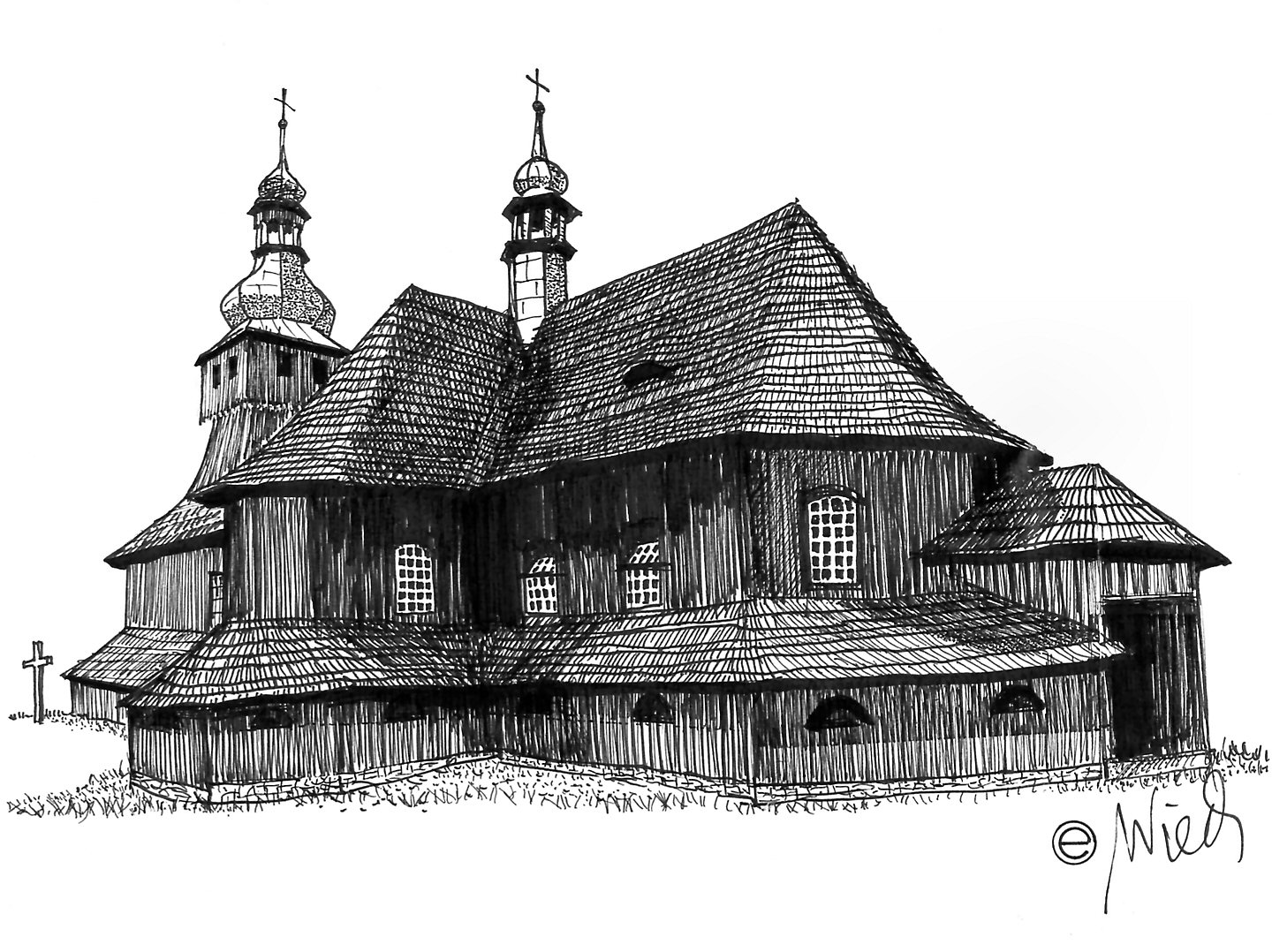 Kościół Św. Apostołów Szymona i Judy Tadeusza w Łodygowicach, rys. Edward Wieczorek LODYGOWICEKG