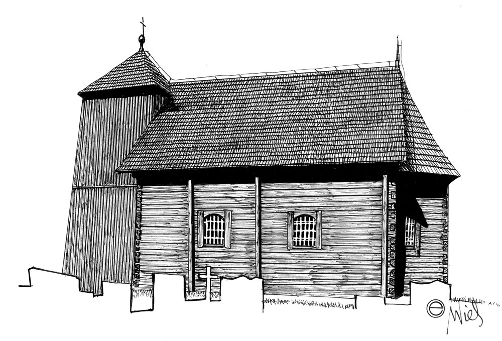 Kościół św. Bartłomieja w Sierakowicach, rys. Edward Wieczorek smolnica rys