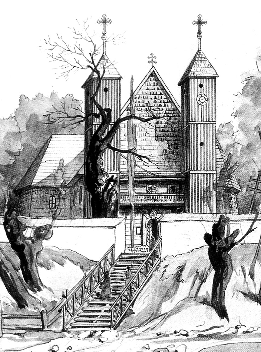 Kościół truskolaski na rycinie Adriana Głębockiego z 1873 r. TRUSKOLASY ARCH